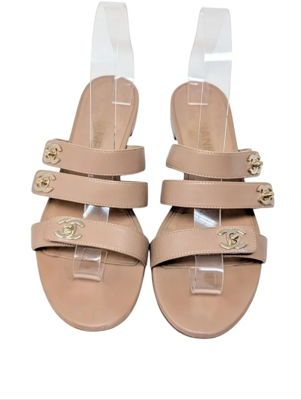 Chanel Beige Nude Interlocking CC Silver Turnlock Slide Mule Sandals Size EU 39